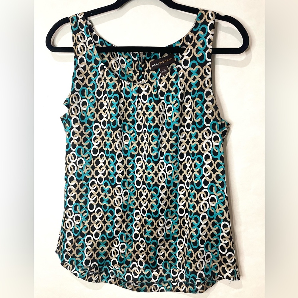DANA BUCKMAN Y2K Cami Tank Satin Black Circle Pattern Office Attire SZ S  EUC